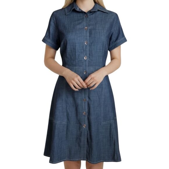 eShakti Custom Cotton Denim Button Front Fit & Flare Dress XL - Picture 1 of 8